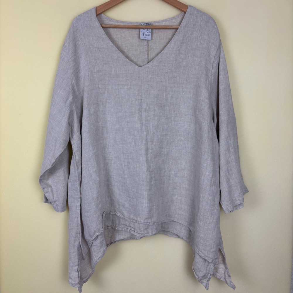 La Fixsun Women's Linen V-Neck Top L‎ Made in USA Relaxed Fit